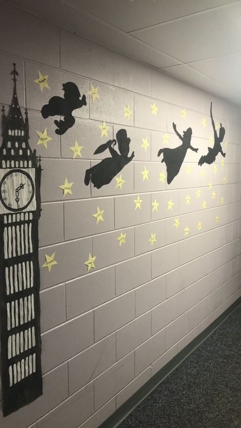 Imagination Classroom Theme, Disney Theme Games Activities, Disney Concert Decorations, Peter Pan Themed Trunk Or Treat, Peter Pan Hallway Decorations, Diy Disney Wall Art, Peter Pan Decorations Diy, Disney Themed Classrooms, Fairytale Decorations Diy