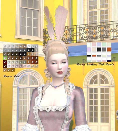 Rococo Hair & Feathers and Pearls accessory - The Sims 4 Create a Sim - CurseForge Rococo Hair, Historical Hairstyles, Hair Feathers, Royal Clothes, Victorian Hairstyles, Sims 4 Dresses, Pearl Accessories, Sims Hair, Sims 4 Mods Clothes