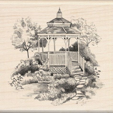 Inkadinkado Garden Gazebo Wood Stamp: Arts, Crafts Garden Design Drawing, Gazebo Tattoo, Backyard Drawing, Gazebo Garden, Gazebo Drawing, Garden Sketch Drawing, Garden Drawings, Garden Sketch, Timber Frame Gazebo