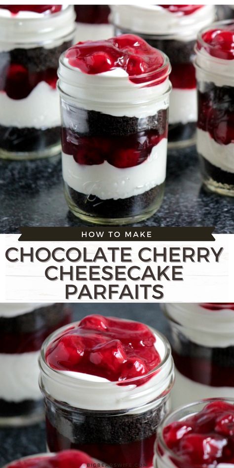 Dessert Parfait Ideas, Luncheon Desserts Ladies, Pudding Desserts In A Cup, Cheesecake Parfait Cups, Cherry Cheesecake Parfait, Chocolate Parfait Desserts, Parfaits Recipes, Chocolate Parfait Recipes, Parfait Ideas