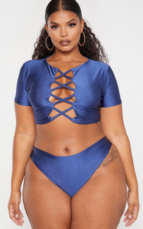 Plus Midnight Blue Short Sleeve Lattice Bikini Top | PrettyLittleThing Leslie Sidora, Zaful Swimwear, Swimwear Plus Size, Curvy Swimwear, Big Girl Fashion, Swimwear Online, Plus Size Swimsuits, Plus Size Swimwear, Swimwear Fashion