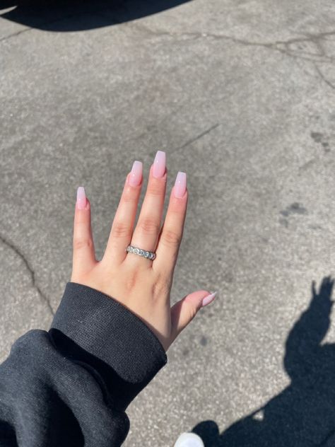 Baby Pink Coffin Acrylic Nails, Pink Mid Length Nails, Natural Pink Coffin Acrylic Nails, Mid Length Nails Acrylic Coffin Pink, Coffin Shaped Light Pink Nails, Pale Pink Coffin, Nail Extensions Acrylic, Nail Picking, Pink Coffin