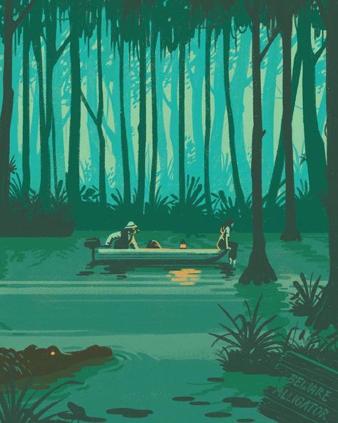 Campfire Illustration, Alligators Art, Boat Drawing, Sea Illustration, City Illustration, Cartoon Background, Landscape Illustration, Animal Posters, Retro Illustration