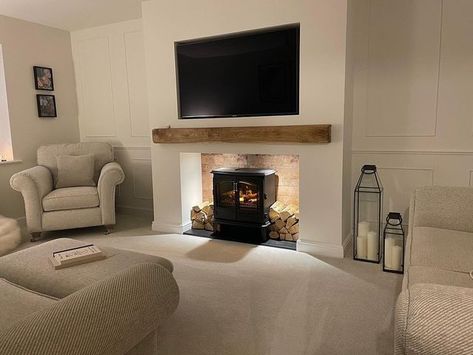 Snug Room With Fireplace, Wall Panelling Around Fireplace, Cosy Panelled Living Room, Small Lounge Fireplace Ideas, Living Room Panelling With Fireplace, Living Room New Build, Terraced House Lounge Ideas, New Build Fireplace Ideas Uk, New Build Home Decor