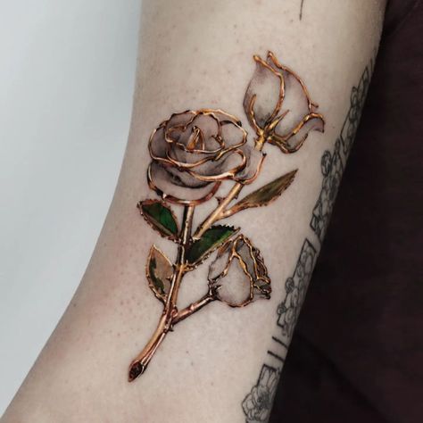 Instagram photo by tattooist-ziho • Jul 10, 2022 at 8:31 AM Gold Tattoos, Gold Tattoo, Golden Design, Gold Anklet, Golden Rose, Rose Tattoo, Wrist Tattoos, Color Tattoo, Gold Design