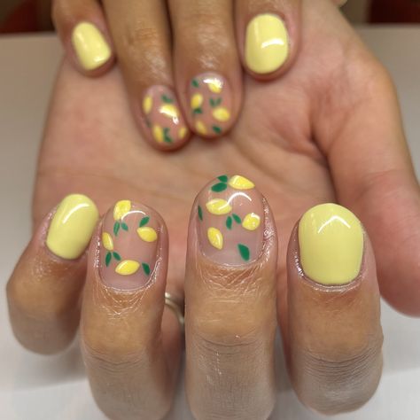 by nailsbyksg Lemon Nails Short, Short Lemon Nails, Lemon Gel Nails, Lemon Themed Nails, Lemon Slice Nails, Lemon Manicure, Lemon Nails Designs, Lemonade Nails, Lemon Nail Art