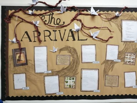 A writing display based on our class book The Arrival by Shaun Tan. Year 6 The Arrival Shaun Tan, English Classroom Displays, Eyfs Nursery, Writing Display, English Display, Ks1 Classroom, Natural Classroom, Display Boards For School, Wall Magazine