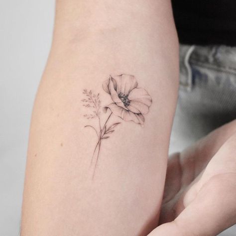 Flower Tattoos With Birds, Dogwood Tattoo Small, Single Violet Flower Tattoo, Black And White Poppy Flower Tattoo, Black Line Tattoo Simple, Small Dogwood Flower Tattoo, Black And White Flowers Tattoo, Black And White Poppy Tattoo, Bloom Tattoo Words