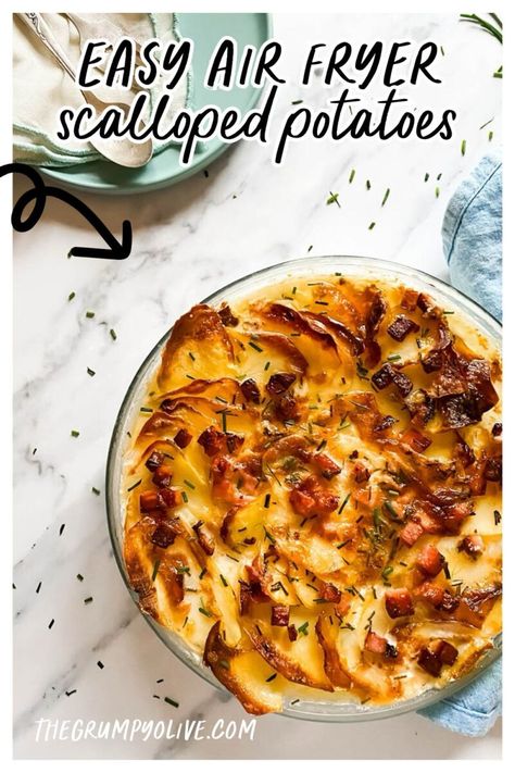 Indulge in the perfect side dish with our easy and delicious Air Fryer Scalloped Potatoes recipe. Whether you're using a Ninja Air Fryer or an Instant Pot Air Fryer, this dish is a breeze to make. Creamy layers, crispy perfection, and a hint of ham for that extra savory touch. Elevate your holiday feasts with this effortless and irresistible scalloped potatoes delight. Air Fryer Scalloped Potatoes And Ham, Scalloped Potatoes Air Fryer, Air Fryer Scalloped Potatoes, Baked Scalloped Potatoes, Mashed Potato Bites, Christmas Side Dish, Scalloped Potatoes Easy, Potatoes Crispy, Scalloped Potatoes Recipe