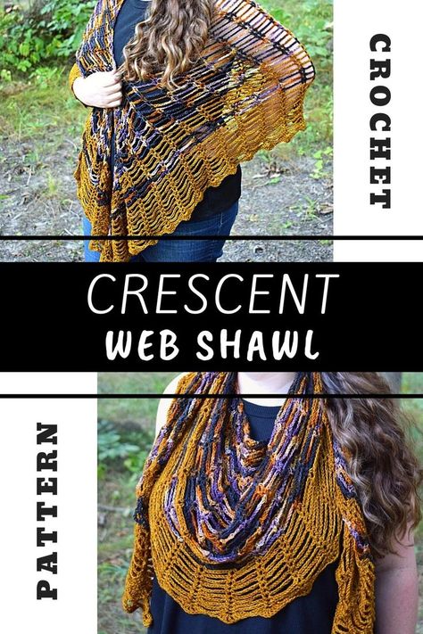 This crochet pattern is a lacy crescent shawl. It has a web-like look to it so it is perfect for Halloween. A spider web crescent shawl crochet pattern. Use a fingering weight yarn in 2 contrasting colors. The lacy stitch pattern gives this crescent shawl great drape and movement. A crochet pattern by Simply Hooked by Janet. Crochet Halloween Pattern. Crochet Crescent Shawl Pattern. Lacy Crochet Shawl. Spider Web Crochet Pattern, Lacy Crochet Shawl, Crescent Shawl Pattern, Crescent Shawl, Lacy Crochet, Lace Poncho, Halloween Crochet Patterns, Crochet Poncho Patterns, Crochet Shawls And Wraps