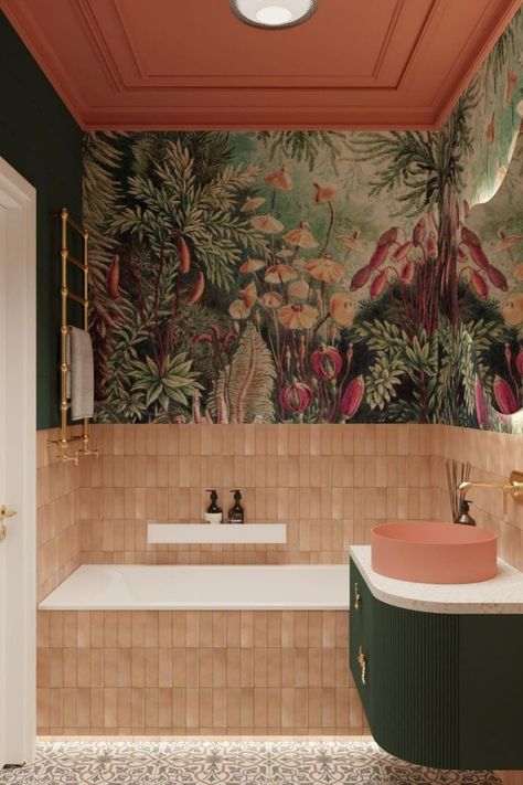 Color Drenched Bathroom, Moroccan Bathroom, Tropical Bathroom, Eclectic Bathroom, Interior Bathroom, Estilo Tropical, Bathroom Tile Ideas, Bathroom Ceiling, Bathroom Goals