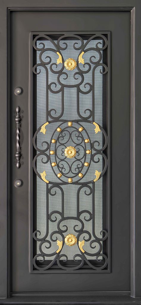 Model 146 door from Valeanto. Our gorgeous wrought iron designs are built to last while enhancing your entryways with beautiful artwork. Iron Doors Modern, Single Iron Door, Main Gate Ideas, Wrought Iron Designs, Wrought Iron Gate Designs, Classic House Interior Design, Wrought Iron Front Door, House Front Door Design, Iron Front Door