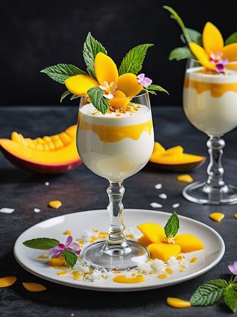 Imagine a dessert that fuses the creaminess of a creamy coconut panna cotta with the tropical sweetness of fresh mango puree This delightful combination is further enhanced by a sprinkle of shredded coconut and a garnish of mint leaves, bringing a refreshing twist to the palate Mango Panna Cotta, Mat Inspiration, Coconut Panna Cotta, Tea Party Sandwiches, Tropical Desserts, Dessert Cups Recipes, Desserts In A Glass, Panna Cotta Recipe, Parfait Desserts