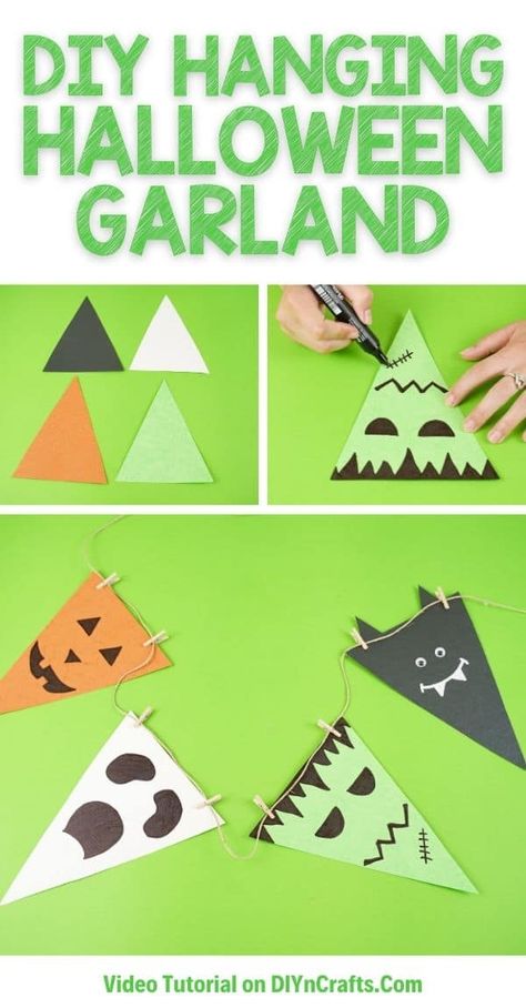 Create an easy paper Halloween hanging garland decoration in just 10-minutes! A perfect budget friendly Halloween decoration! A fun Halloween bunting is a great way to add a cute look to any room. #HalloweenGarland #HalloweenBunting #Halloween #HalloweenDecor #HomeDecor #garland #bunting Halloween Decorations School, Strašidelný Halloween, Paper Halloween Decorations, Halloween Diy Paper, Halloween Classroom Decorations, Halloween Bunting, Easy Diy Halloween Decorations, Paper Halloween, Halloween Paper Crafts