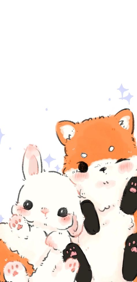 Fox And Rabbit Wallpaper, Kawaii Wallpaper Animals, Fox And Bunny Wallpaper, Cute Animal Art Wallpaper, Cute Rabbit Wallpaper Aesthetic, Wallpaper Rabbit Cute, Kawaii Fox Wallpaper, Cute Fox Wallpaper, Cute Bunny Wallpaper