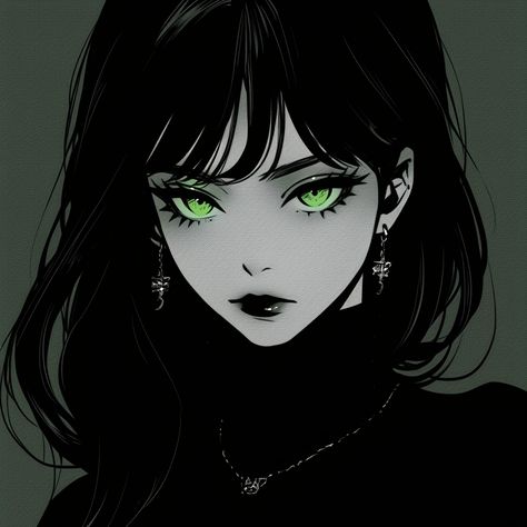 Black Hair Green Eyes Girl Art, Black Hair Green Eyes Girl, Eyebrow Piercing Girl, Pfp Inspiration, Pinup Drawing, Anime Pp, Girl Pp, Black Hair Green Eyes, Pp Anime