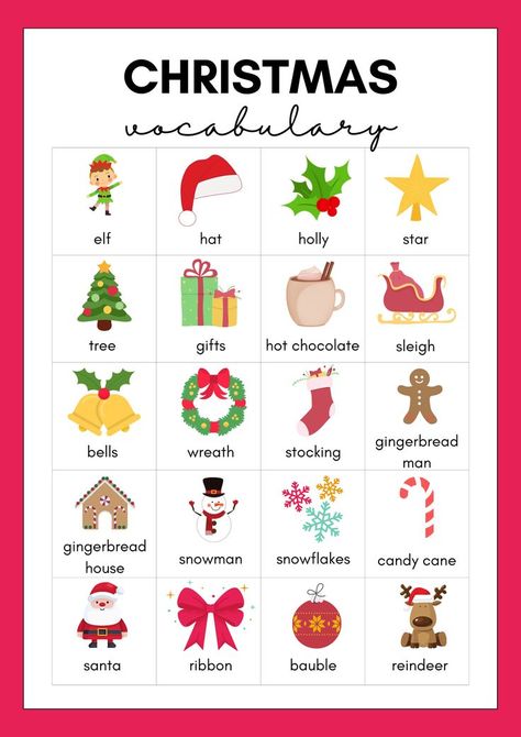 Do you know the English words and phrases that are used during Christmas? Here is a list of useful words, which you can use in daily conversations. Gingerbread Bell, Chocolate Tree, Christmas Lesson, Falling In Love Quotes, Words And Phrases, English Lessons For Kids, Christmas Words, Elf Hat, Learn English Vocabulary