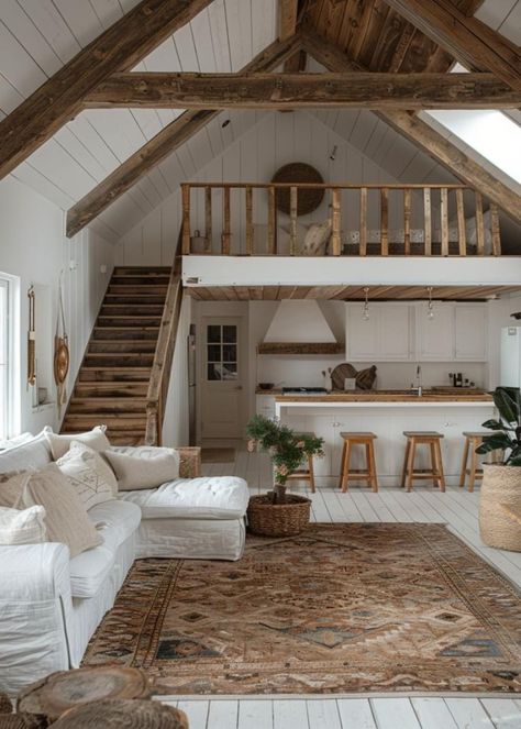 Cozy Minimalism, Loft House Design, Interior Boho, European Cottage, A Frame House Plans, Tiny House Inspiration, Living Room Loft, Loft House, Loft Living