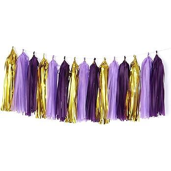 Amazon.com: Aimto 20pcs White Shiny Tassel Garland Banner Tissue Paper Tassels for Party Decorations : Home & Kitchen Purple And Gold Balloon Arch, Purple And Yellow Graduation Party, Yellow And Purple Party, Purple And Gold Graduation Party Ideas, Purple And Gold Decorations, Purple And Gold Party, Tangled Party Decorations, Paper Pennant, Gold Tassel Garland