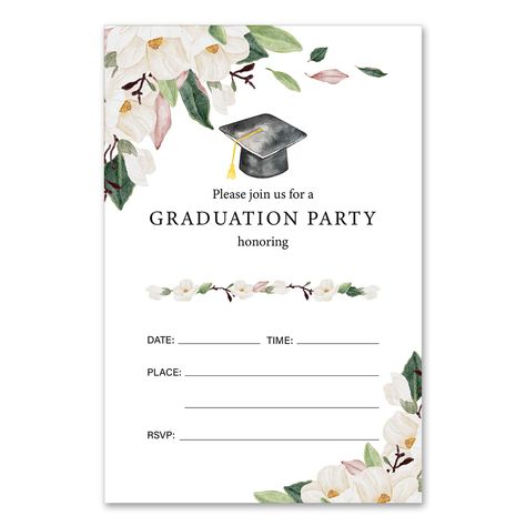 PRICES MAY VARY. Graduation Invitations: The modern design style combines graduation theme elements with text, making it eye-catching. The fun design will bring laughter and create fond memories to your graduation party. 20 PACKS: This graduation party invitation set comes with 20 cards and 20 envelopes. Double Sided Printing: Each invitation card is double sided with textured print quality on both sides. Easy-to-write Paper Material: The invitations are made of high-quality paper and are of goo Grad Party Invites, Floral Graduation Party, Graduation Theme, Party Invites, Graduation Party Invitations, Grad Party, Graduation Invitations, Graduation Party, Magnolia