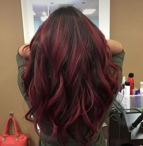 Best Hair Color For Brown Hair, Cherry Wine Hair Color Balayage, Red And Blonde In Brown Hair, Front Red Hair Streaks, Red Hair And Black Highlights, Red Hilights Hair, Red Hair Bottom Half, Color To Dye Hair Ideas, Pikaboo Highlights