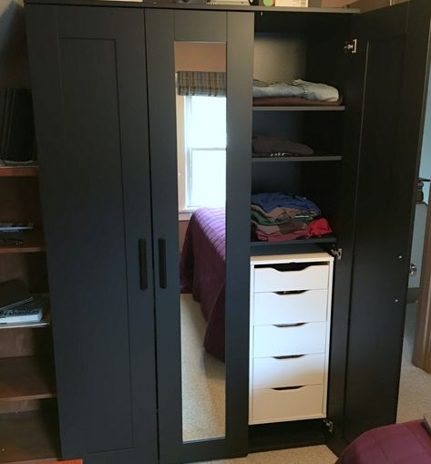 Expanding Brimnes Wardrobe with drawers Ikea Wardrobe Storage, Ikea Brimnes Wardrobe, Brimnes Wardrobe, Ikea Wardrobe Hack, Wardrobe With Drawers, Three Door Wardrobe, Ikea Wardrobe, Ikea Closet, Closet Hacks