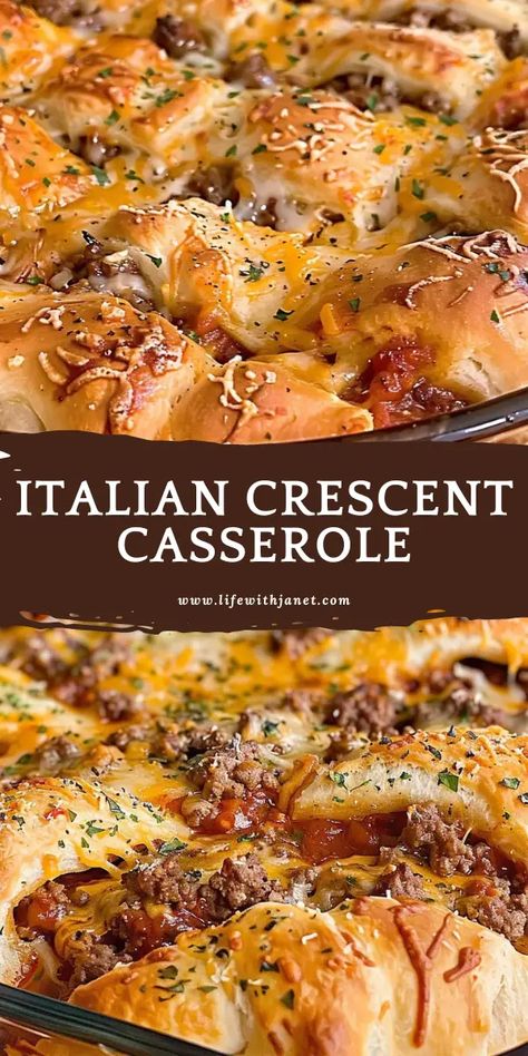 Italian Crescent Casserole Italian Beef Crescent Roll Casserole, Italian Beef Crescent Rolls, Dinner Recipes Using Pillsbury Crescent Rolls, Easy And Simple Dinner Ideas, Food For Groups Easy, Old Fashioned Casseroles, Easy Filling Dinner Recipes, Hot Dishes Recipes, Something New For Dinner Ideas