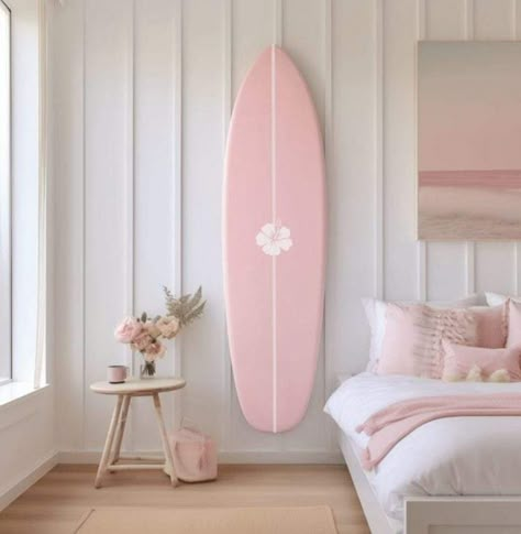 Surf Room Ideas, Surfing Gifts, Surfer Girl Bedroom, Pink Surfboard, Elegant Dorm Room, Luxury Dorm, Decorative Surfboard, Surfboard Sign, Chic Dorm