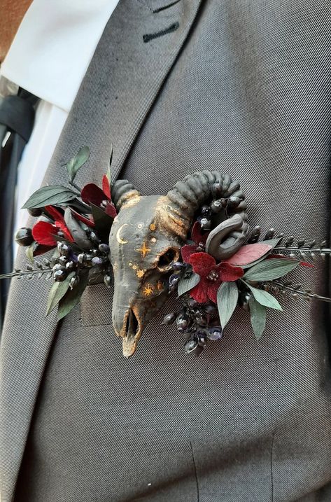 Ram Sheep, Gothic Wedding Theme, Witch Wedding, Sheep Skull, Dark Wedding Theme, Floral Pocket Square, Pagan Wedding, Wedding Corsage, Goth Wedding