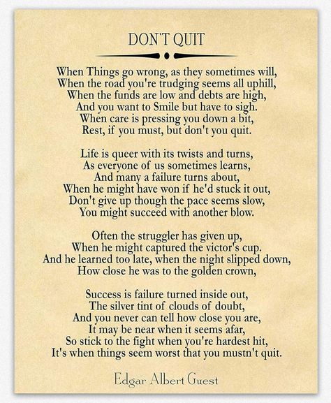 PRICES MAY VARY. Inspiring Don't Quit Poem: Transform your space with the motivational power of the "Don't Quit" poem. This inspiring poem is elegantly presented in a positive poster format, making it a daily dose of encouragement. Motivating Wall Decor: Elevate your surroundings with motivating wall decor that goes beyond aesthetics. The Don't Quit Motivational Poem serves as a constant reminder to persevere, making it perfect for home offices, gyms, or any space that needs a boost of positivit Powerful Poems Inspiration, Dont Quit Poem, Encouraging Poems, Poetry Poster, Popular Poems, Poem Poster, Poetry Posters, Motivational Poems, Childrens Poetry