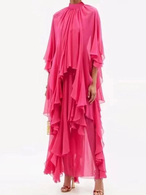 Solid Color Tiered Loose Raglan Sleeve Stand Collar Maxi Dresses Chifon Dress, Vacation Maxi Dress, Fashion Stand, Chiffon Fashion, Mini Robes, Maxi Robes, Pleated Maxi Dress, Chiffon Ruffle, Loose Outfit