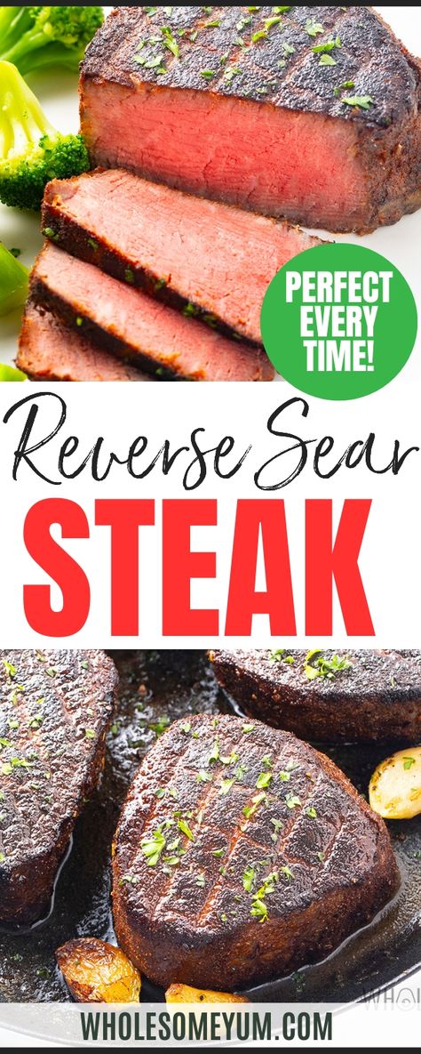 Let me show you how to reverse sear a steak perfectly! My reverse sear steak with garlic butter has a juicy, tender center and crispy crust. Steak With Garlic Butter, Sear A Steak, Sear Steak, Steak In The Oven, Reverse Sear Steak, Steak Times, Sirloin Steak Recipes, Strip Steak Recipe, Recipes Steak