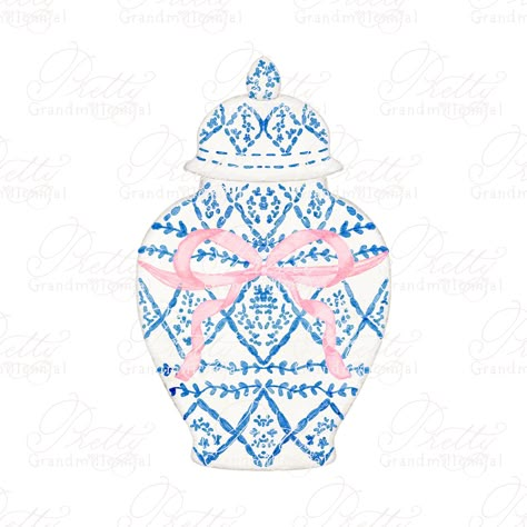 Chinoiserie Clipart, Ginger Jar Painting, Blue China Patterns, Jar Clipart, Grand Millenial, Watercolour Clipart, Chinoiserie Ginger Jars, Chinoiserie Vase, Bow Clipart