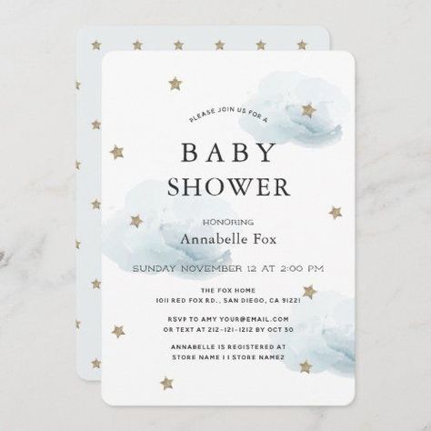 $2.76 | Gold Stars & Fluffy Clouds Baby Shower Invitation #baby #shower #cloud #star #white #gold #simple #invitation #genderneutral Gray Clouds, Cloud Theme, Gold Glitter Stars, Gender Neutral Baby Shower Invitations, Fluffy Clouds, Grey Clouds, Star Blue, Simple Invitation, Star Baby Showers