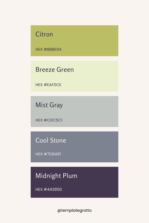 A harmonious color palette featuring five hues: #BBBE64 (a muted olive green), #EAF0CE (a soft, pale greenish-yellow), #C0C5C1 (a cool, light gray), #7D8491 (a muted teal), and #443850 (a deep, rich purple). This palette blends earthy greens and grays with a touch of moody elegance, perfect for creating a calming and sophisticated atmosphere. Color Palette Light Gray, Green Gray Color Palette, Green And Gray Color Palette, Grey And Green Color Palette, Mint Green Color Palette, Sage Color Palette, Gray Color Palette, Green Color Combinations, Serenity Blue