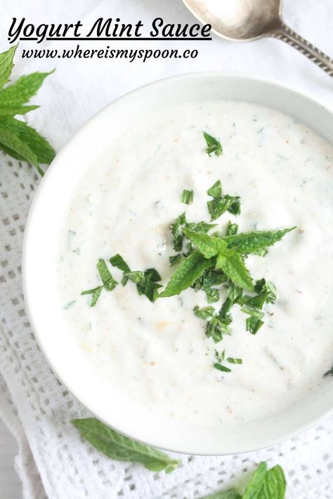 Creamy yogurt mint sauce that takes only minutes to put together. It goes perfectly with veggies, seafood, lamb, or as a topping. Best Dipping Sauces, Indian Yogurt Sauce, Indian Mint Sauce, Taziki Sauce, Mint Yogurt Sauce, Mint Yogurt, Creamy Yogurt, Full Fat Yogurt, Slow Cooked Lamb