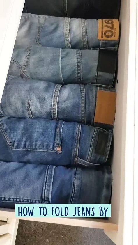 HOW TO FOLD JEANS By | How to fold jeans, Folding jeans, Clothes organization diy Organize Jeans, Jeans Folding, Jeans Storage Ideas, Jeans Storage, How To Fold Jeans, Folding Jeans, Shirt Folding, Packing Clothes, Clothes Organization Diy