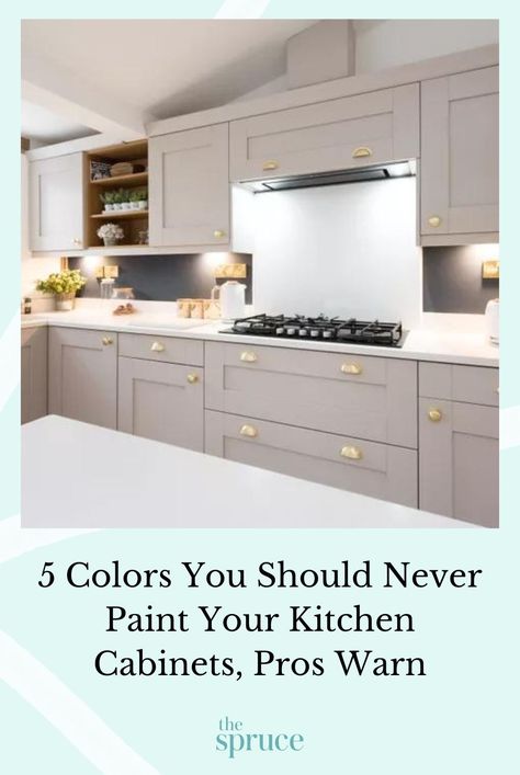 Pro interior designers say to never paint your kitchen cabinets these five colors to ensure that they maintain resale value. #kitchenpaintcolors #selllingyourhometips #kitchencabinetpaintcolors #easykitchenupgrades #apartmentdecor    #thespruce Deco Paint Kitchen Cabinets, Good Kitchen Cabinet Colors, Kitchen Coloured Cabinets, Kitchen Cabinet Colours 2025, Paint Colors For Kitchen Cabinets 2024, Puddy Colored Cabinets, Best Kitchen Cabinet Colors For 2025, Popular Kitchen Colors 2025, Best Colors To Paint Kitchen Cabinets