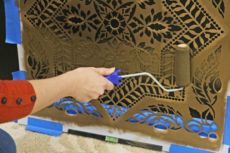 How To Stencil A Metallic Tile Accent Wall | Bored Panda Gold Wall Stencil, Accent Wall Trends, Diy Tile Stencil, Metallic Tile, Installing Wainscoting, Tile Accent Wall, Accent Wall Stencil, Wall Trends, Stencils Tutorials