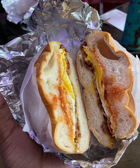 A picture of a bacon egg and cheese sandwich. It’s a classic New York sandwich. Bacon Egg And Cheese Nyc, Bacon Egg Cheese Sandwich, Bacon Egg And Cheese Sandwich, Ny Food, Egg And Cheese Sandwich, Bacon Egg And Cheese, Egg And Cheese, Nyc Food, Food Cart