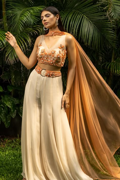 Shop for Richa Jaisinghani Label Beige Georgette Border Embroidered Cape And Palazzo Set for Women Online at Aza Fashions Embroidered Choker, Choker Dupatta, Embroidered Cape, Net Embroidery, Embroidery Beads, Beads Embroidery, Embroidered Belt, Indian Dresses Traditional, Traditional Indian Outfits