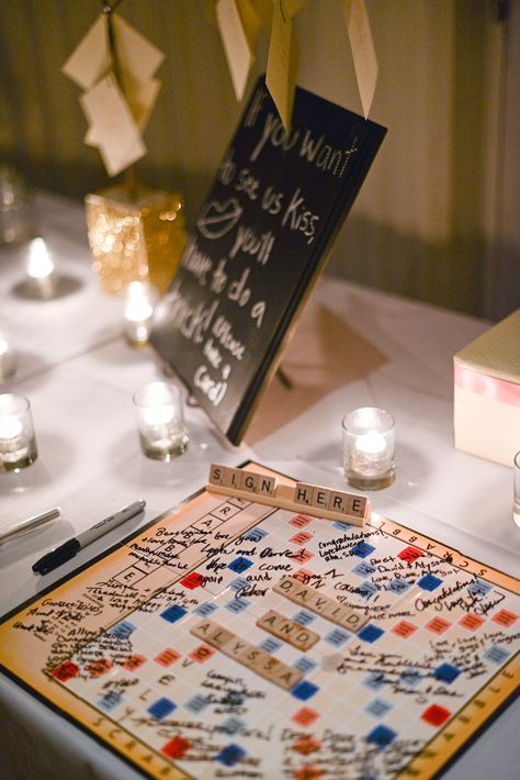 Scrabble Wedding Ideas, Scrabble Wedding Decor, Wedding Guess Book, Wedding Personal Touches, Start Planning A Wedding, Board Game Wedding, Scrabble Wedding, Guess Book, Wedding Interior