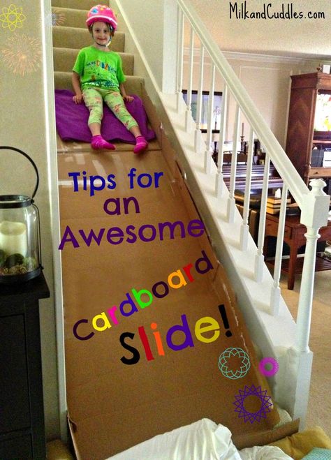 AWESOME Rainy Day Activity! Build a SLIDE on the STAIRS! Instant coolest parent ever status!  -Post has great tips on how to do it safely, and make it awesome!    -MUST DO! kidsactivities, cardboard Diy Stair Slide, Thanksgiving Games For Adults, Stair Slide, Thanksgiving Crafts For Toddlers, Thanksgiving Games For Kids, Christmas Crafts For Toddlers, Toddler Parties, Halloween House Party, Activities For Adults