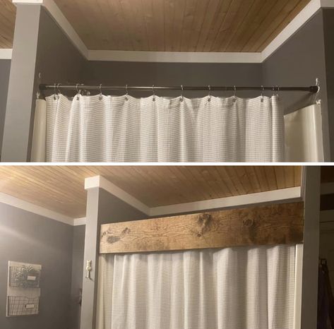 Shower Curtain Rod, Wood Beam, Bathroom Farmhouse Style, Shower Rod, Bathroom Redo, Home Upgrades, Bathroom Renos, Rustic Bathroom, House Bathroom