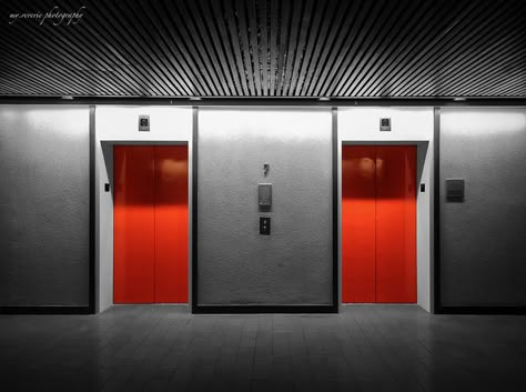 Elevators - COLOR (Souvenir Foto School: Assignment IV) | Flickr: Intercambio de fotos Red Elevator, Foto School, Lift Lobby Design, Elevator Lobby Design, Mauna Kea Beach Hotel, Red Hotel, Hall Colour, Lift Lobby, Elevator Interior