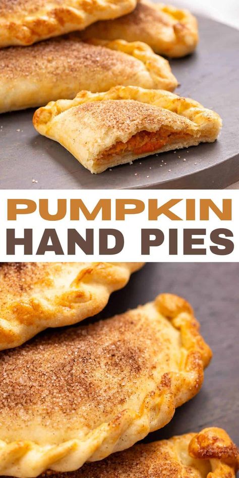 Pumpkin Hand Pies Pumpkin Pie Shaped Cheese And Crackers, Fried Pumpkin Pie, Best Hand Pie Recipes, Pumpkin Pie Pockets, Pumpkin Pie Leaf Crust, Hand Pie Halloween, Vanilla Custard Hand Pies, Pumpkin Turnovers Recipes, Fresh Pumpkin Pie Filling