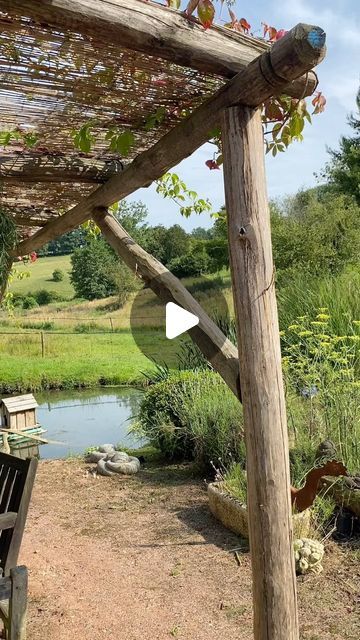 Pierre Joyaux on Instagram: "Une pergola rustique comme salle a manger d'été en perches de chaigner scellees au dable sec en sac et vigne vierge dessus 3m50 x 4m et pendre bottes de lavandes et romarin  pour le parfum... et contre les moustiques!" Pergola, Van, On Instagram, Instagram