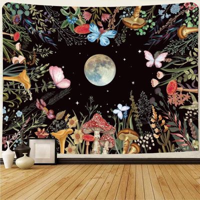 Botanical Mushroom, Flowers Tapestry, Butterfly Aesthetic, Dorm Living Room, Butterfly Plants, Flower Tapestry, Moon Tapestry, Dorm Living, Moon Garden