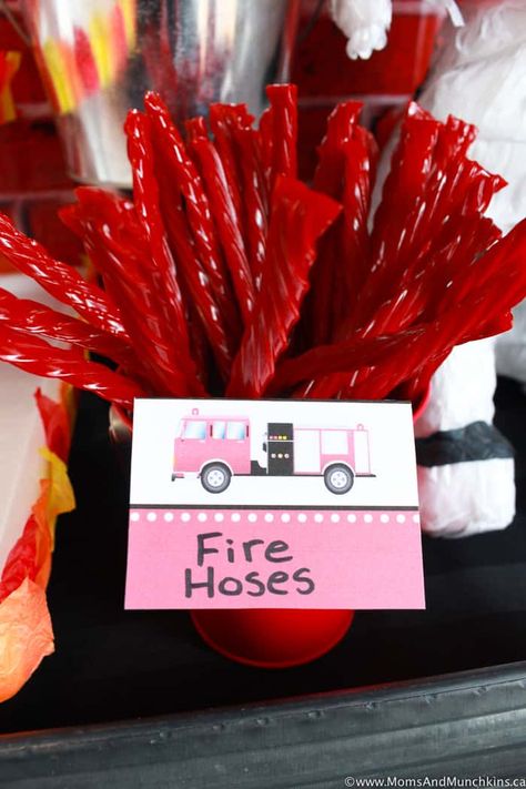 Firefighter Party Candy Gender Reveal Ideas For Firefighters, Fire Truck Gender Reveal, Three Year Old Fire Truck Birthday, Firefighter Gender Reveal Party, Fire Fighter Gender Reveal Shower Ideas, Fireman Gender Reveal Ideas, Fire Truck Gender Reveal Ideas, Firefighter Snacks, Girl Firefighter Birthday Party