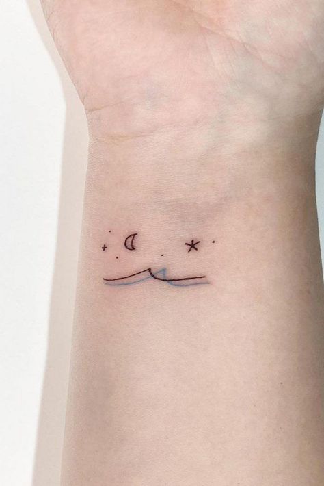 Minimalist Tattoo Designs – Catch Your Tiny Inspiration ★ Water Tattoo Minimalist, Coconut Tattoo Minimalist, Small Water Tattoo, Water Inspired Tattoo, Anklet Tattoos For Women, Small Letter Tattoo, Beach Inspired Tattoos, Beach Tattoo Ideas, Wrist Tattoos Words